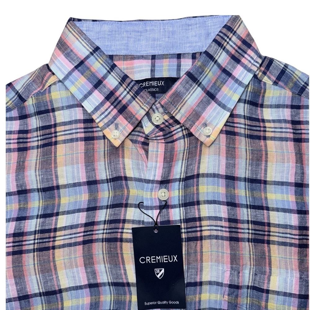 Daniel Cremieux Mens Size Medium Pastel Plaid Short Sleeve Linen Shirt NWT‎